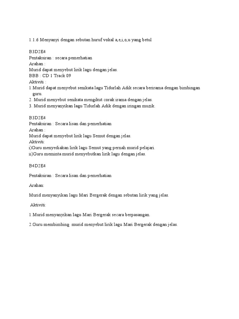 1 1 6 Menyanyi Dengan Sebutan Huruf Vokal A E I O U Dengan B Pdf