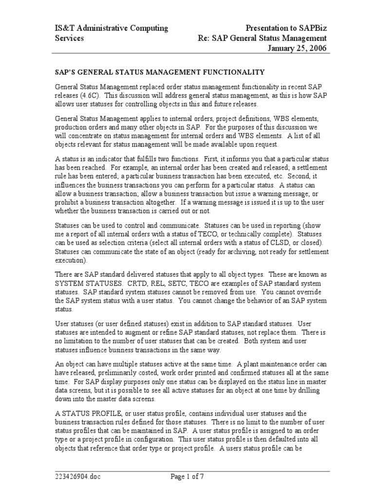 Explanation of Status Management Functionality v3 | PDF | Digital ...
