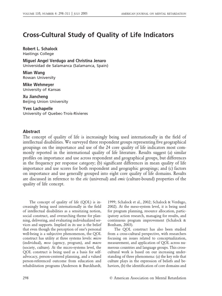 Cross-Cultural Study of Quality of Life Indicators: Robert L. Schalock ...