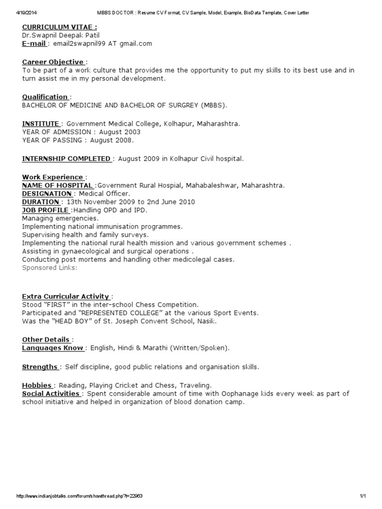 Mbbs Doctor Resume Cv Format Cv Sample Model Example Biodata