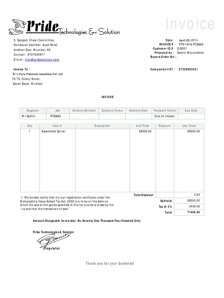 Invoice: Engineer Job Delivery Method Delivery Terms Delivery Date ...