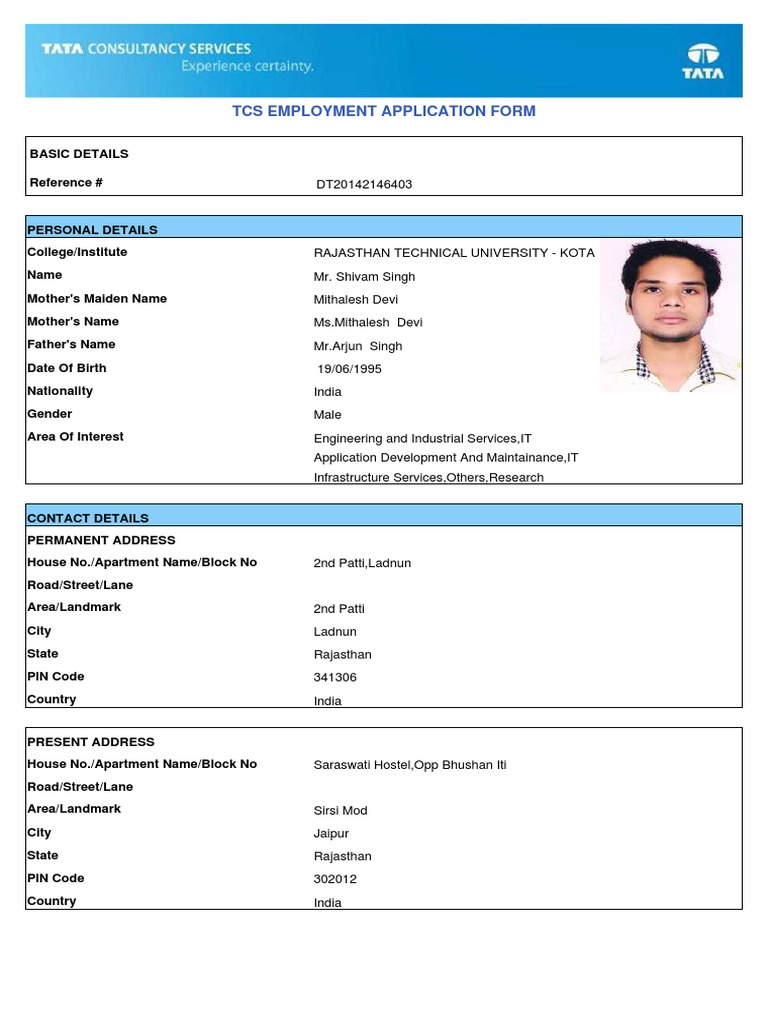 TCS Job Application Form | PDF | Business