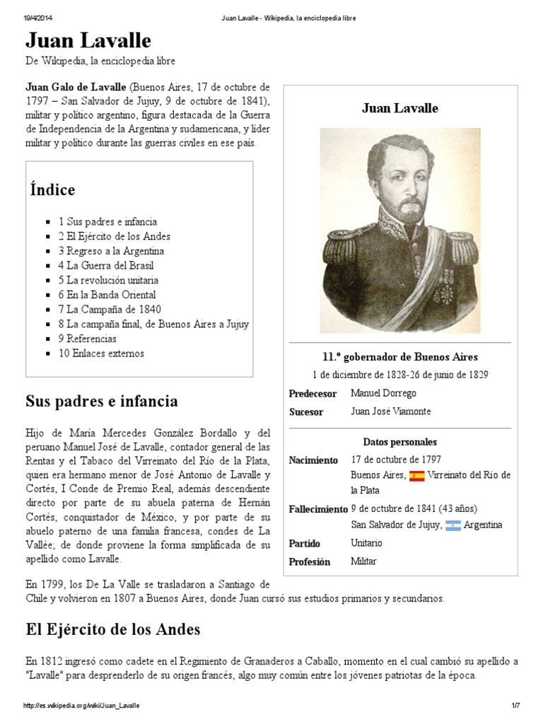 Juan Lavalle Wikipedia, La Enciclopedia Libre PDF Argentina