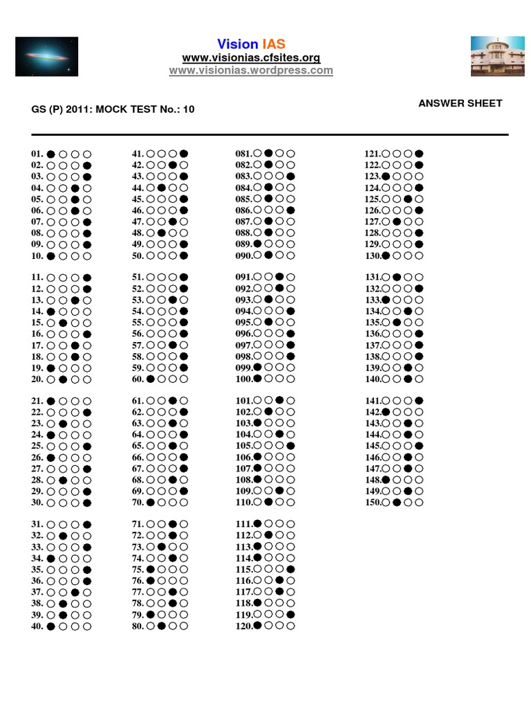 Vision: GS (P) 2011: MOCK TEST No.: 10 Answer Sheet | PDF