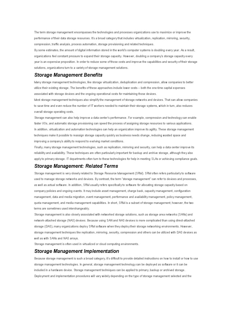The Term Storage Management Encompasses The Technologies and Processes ...