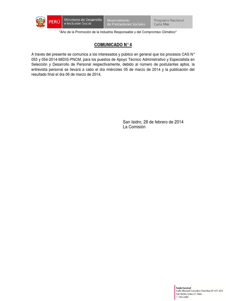 Comunicado 004 Cas 2014 Midis PNCM | PDF