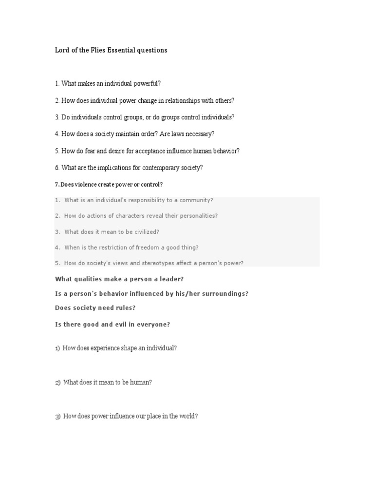 Essential Questions for Lord of the Flies | PDF | Society | Free Will