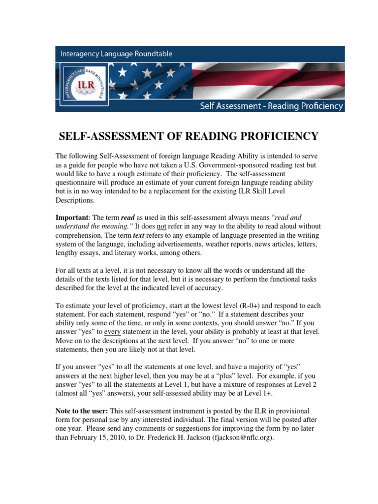 Self-Assessment of Reading Proficiency: Important: The Term Read As ...