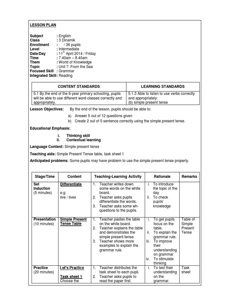 year 3 grammar lesson plan | Lesson Plan | Grammatical Tense