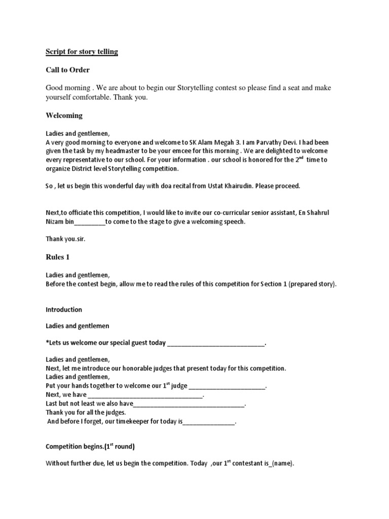 Storytelling Competition Introduction Script | PDF | Home & Garden
