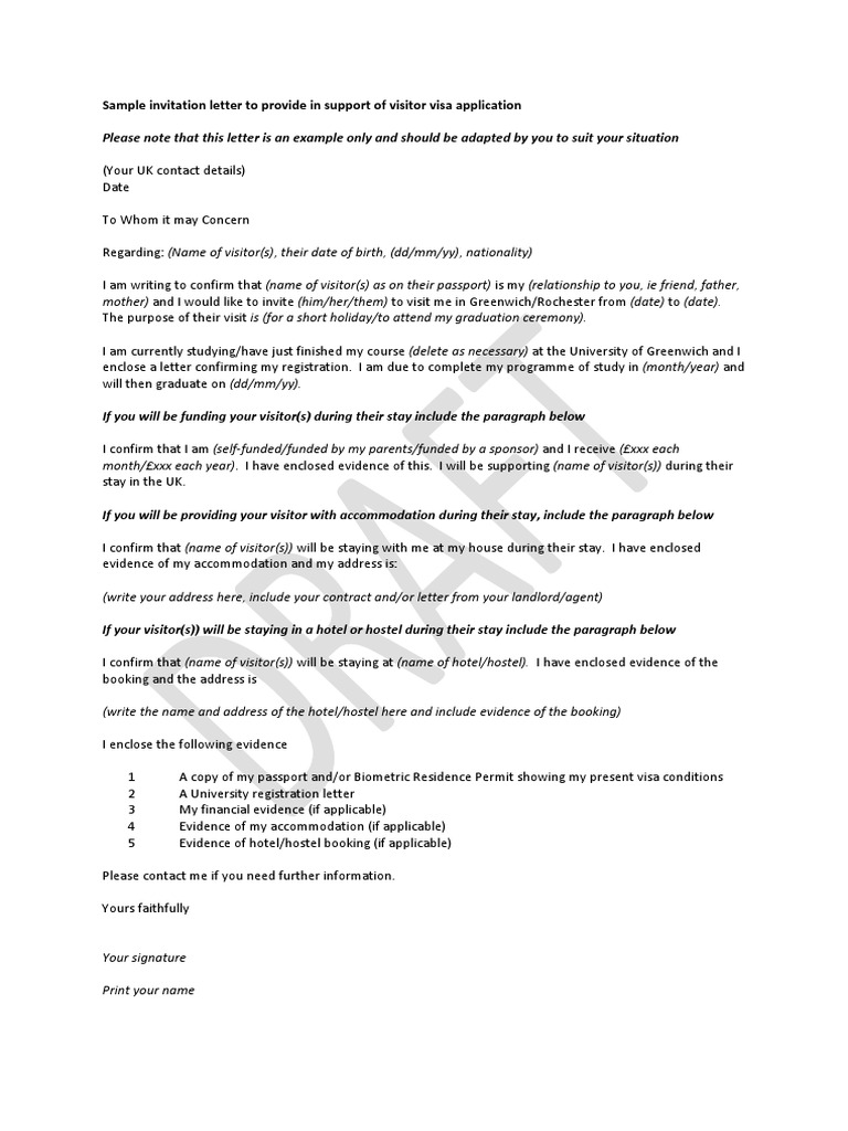 Sample Invitation Letter To Provide in Support of Visitor Visa