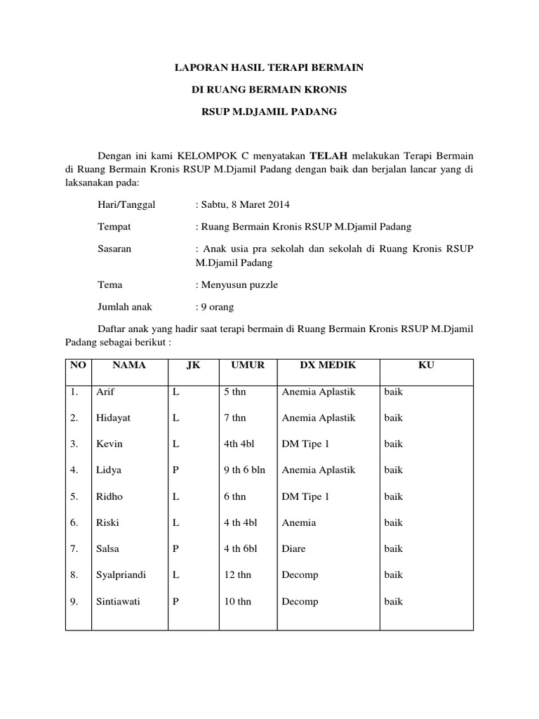 Laporan Hasil Terapi Bermain