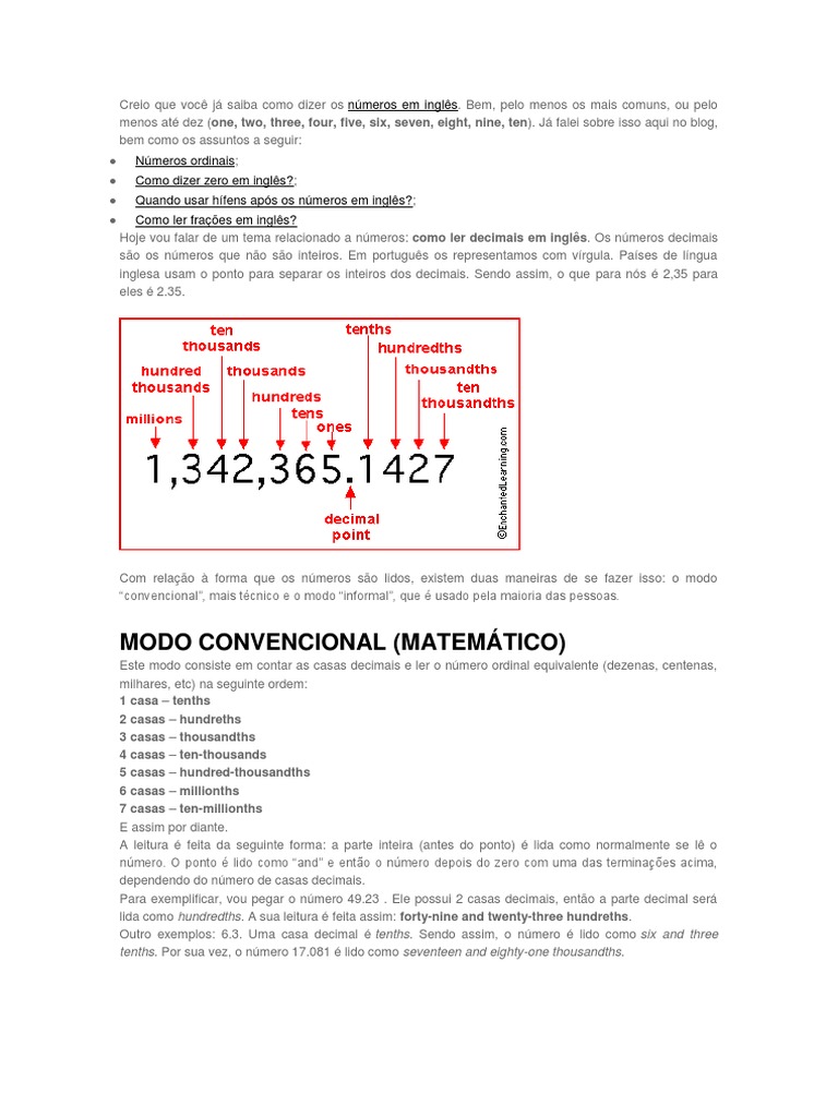 Como Ler Números Decimais em Inglês | PDF | Decimal | Língua inglesa