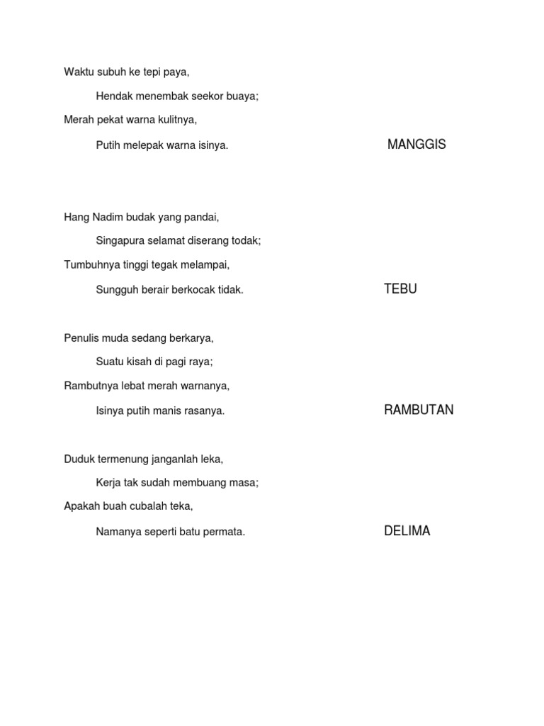 Pantun Teka Teki Buah Buahan Tempatan Pdf