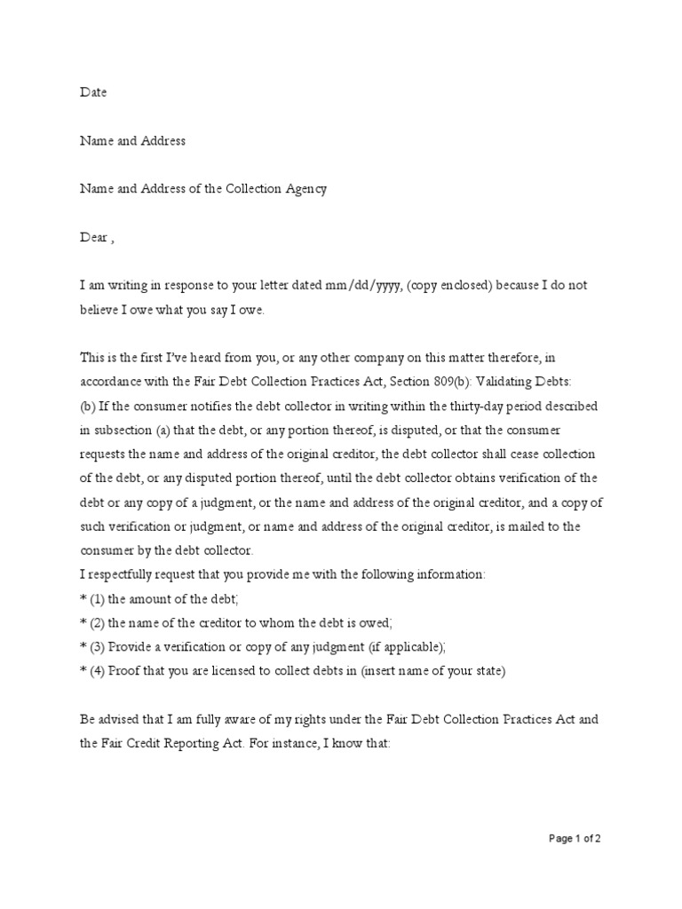 Debt Collection Dispute Letter Format  PDF  Collection Agency