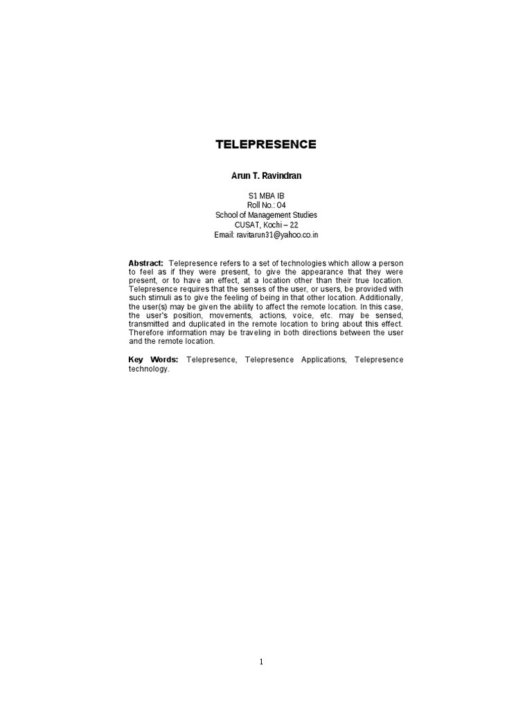 Telepresence: Arun T. Ravindran | PDF