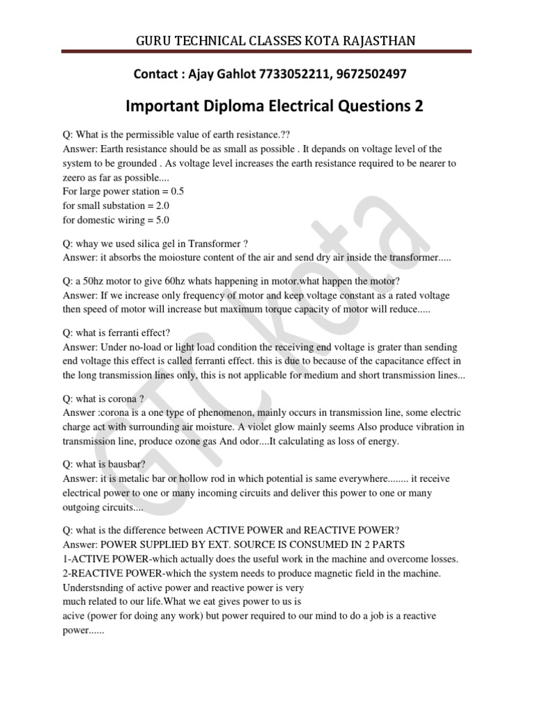 Important Diploma Electrical Questions 2 Electric Power Transmission