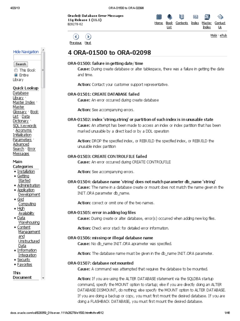 Ora-01500 To Ora-02098 | Pdf | Database Transaction | Online And Offline