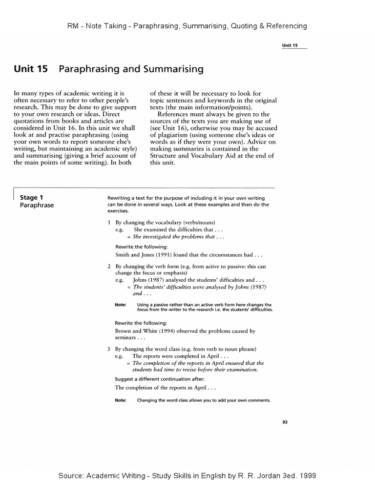 RM - Note Taking - Paraphrasing, Summarising, Quoting & Referencing | PDF