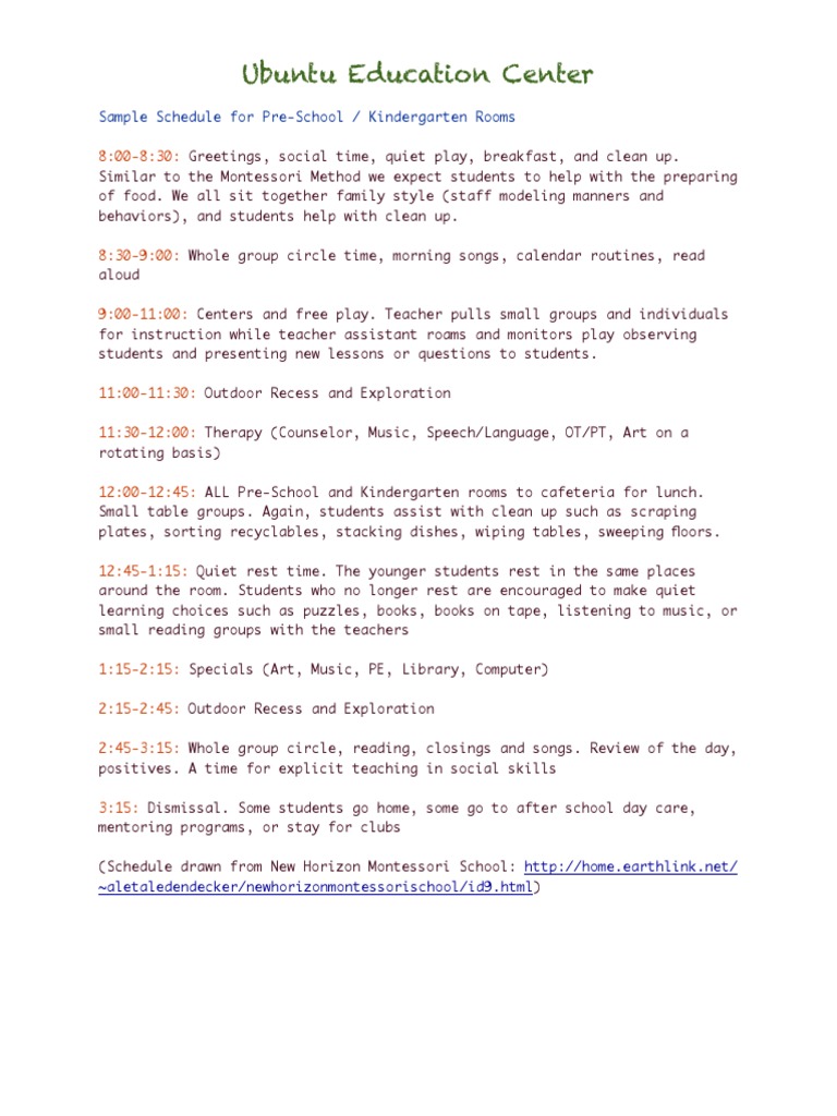 Preschool and Kindergarten Daily Schedule | PDF
