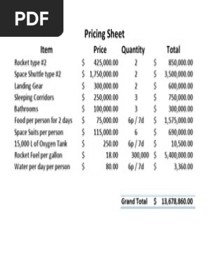 pricing sheet