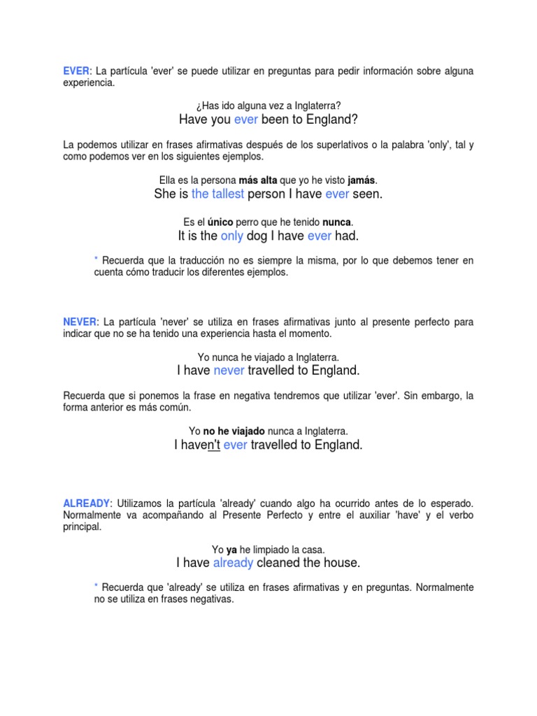 Uso de 'Ever', 'Never', 'Already', 'Yet' y 'Just' en Inglés | PDF
