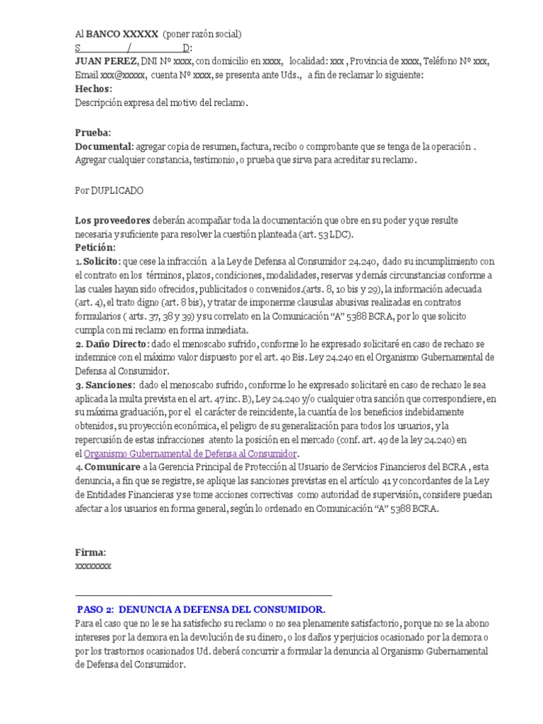 Carta Modelo Reclamo Banco Proteccion Al Consumidor Los Consumidores
