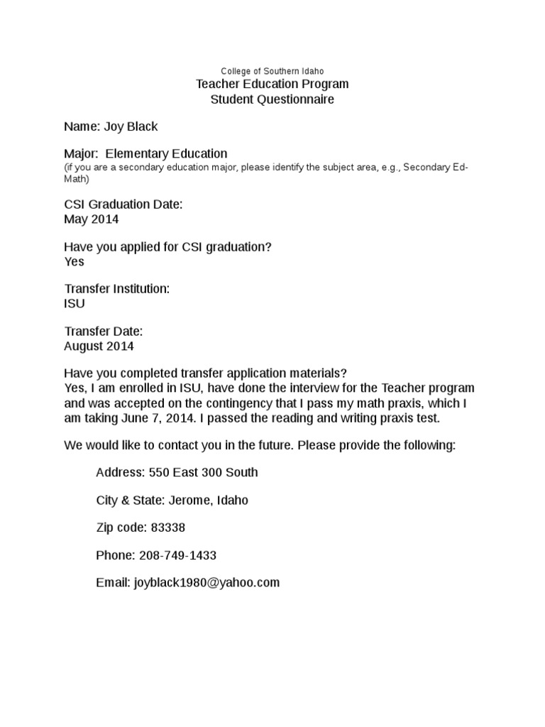 CSI Teacher Education Student Info | PDF