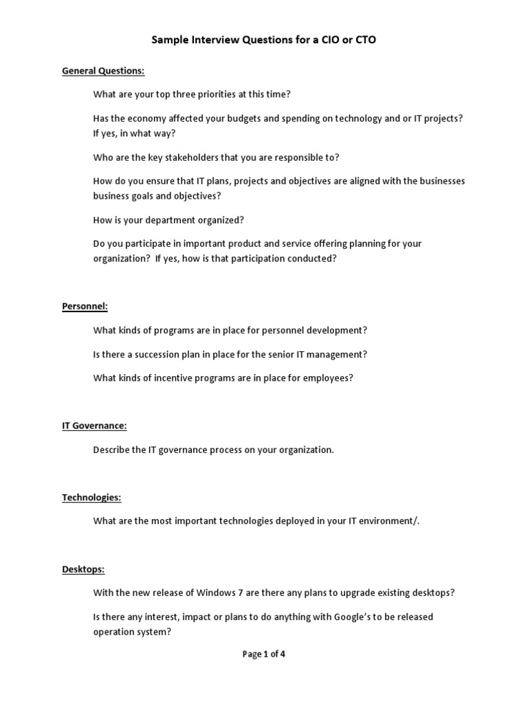 Sample Interview Questions For A CIO or CTO Chief Information Officer