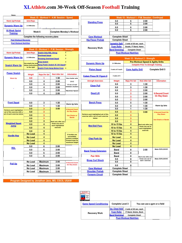 Workout Sheet Football 30Week OffSeason Training Week1519 PDF