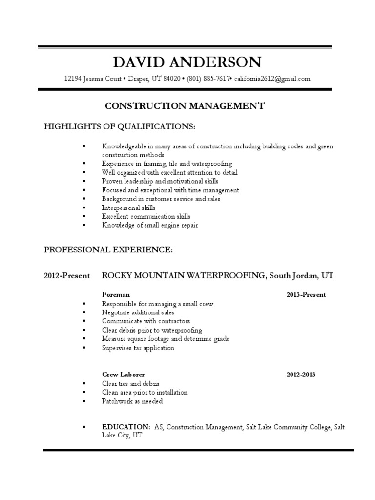 Construction Management Resume of David Anderson | PDF | Technology ...
