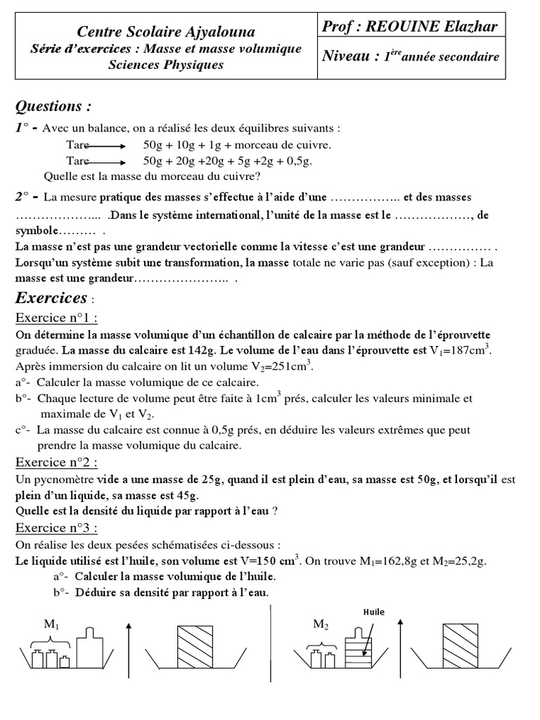 Exercices Masse Et Volume 5ème Pdf Avec Correction