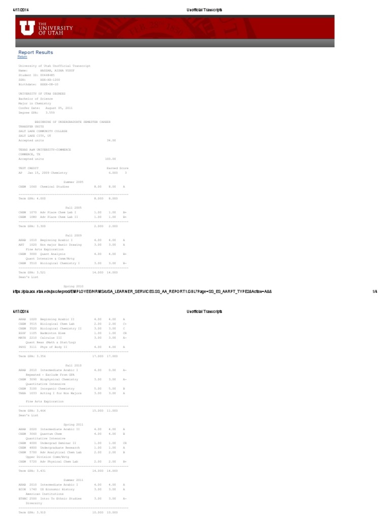 University of Utah Unofficial Transcript | PDF | Lifestyle