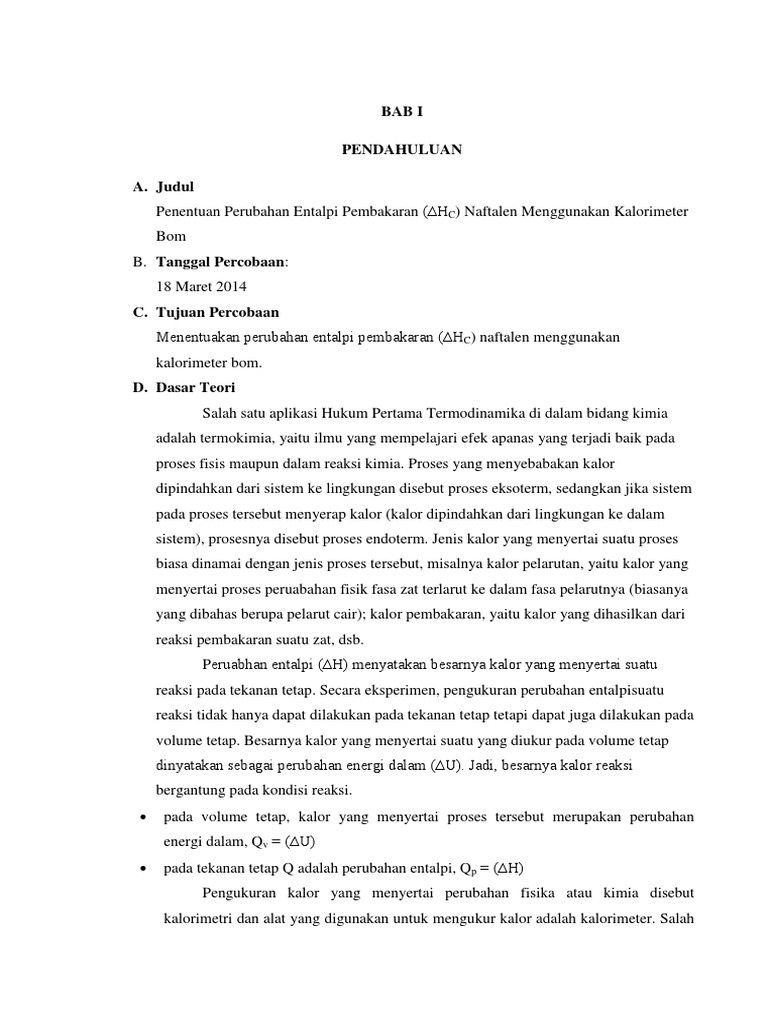 Penentuan Perubahan Entalpi Pembakaran Laprak