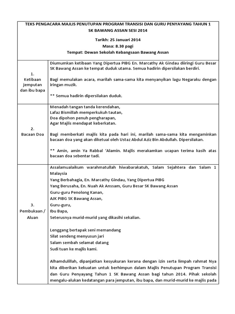 Teks Pengacara Majlis Minggu Transisi Tahun 1