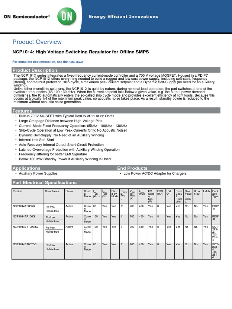 Product Overview: NCP1014: High Voltage Switching Regulator For Offline ...