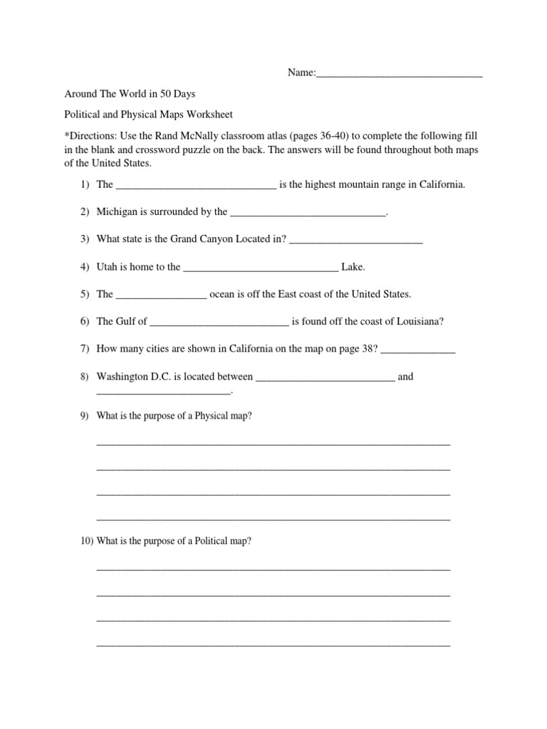 Political and Physical Maps Worksheet | PDF | Earth Sciences | Geography