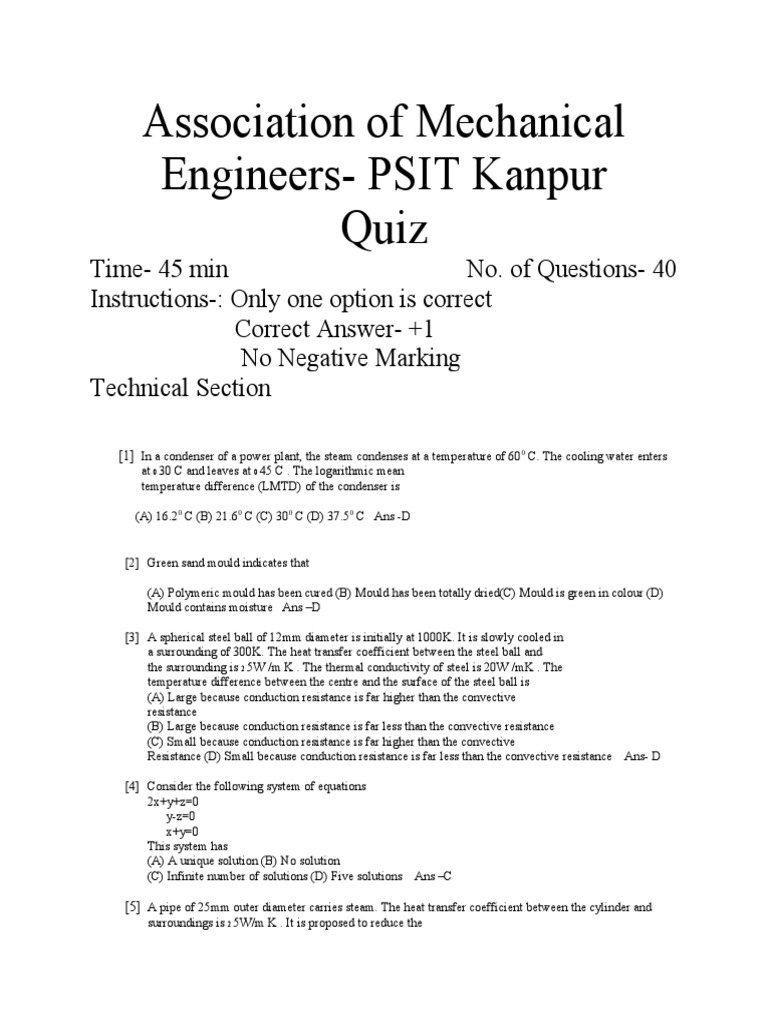 Association of Mechanical EngineersPSIT Kanpur Quiz PDF Thermal