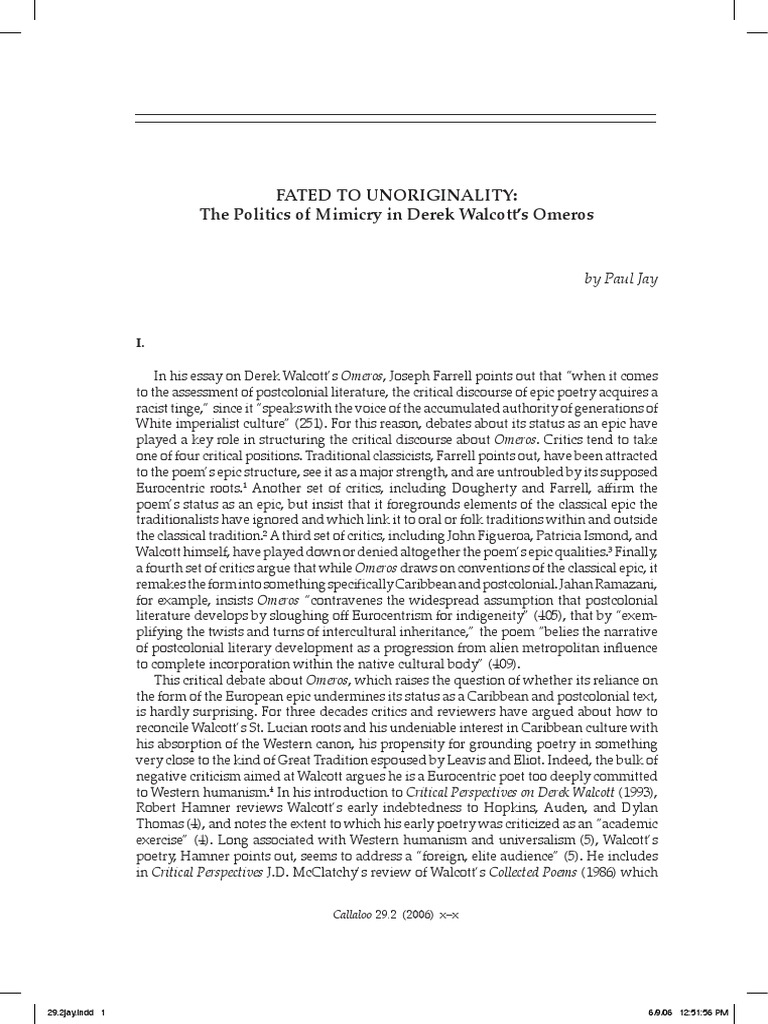 Fated To Unoriginality The Politics of Mimicry in Derek Walcott's