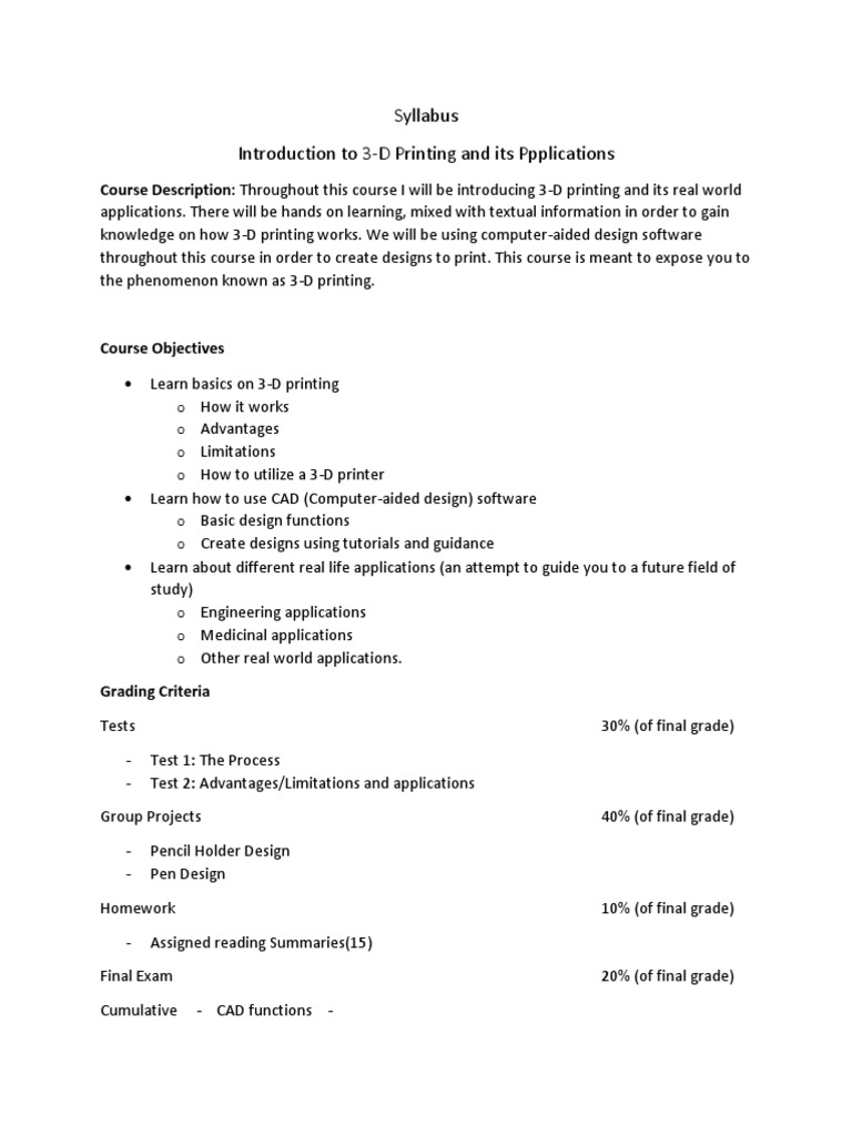 3-D Printing Course Syllabus | PDF | Computers