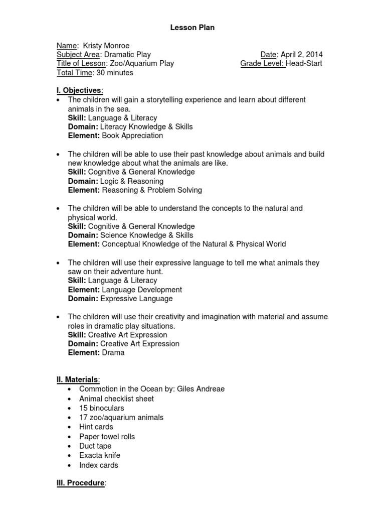 dramatic play lesson plan Creativity Knowledge