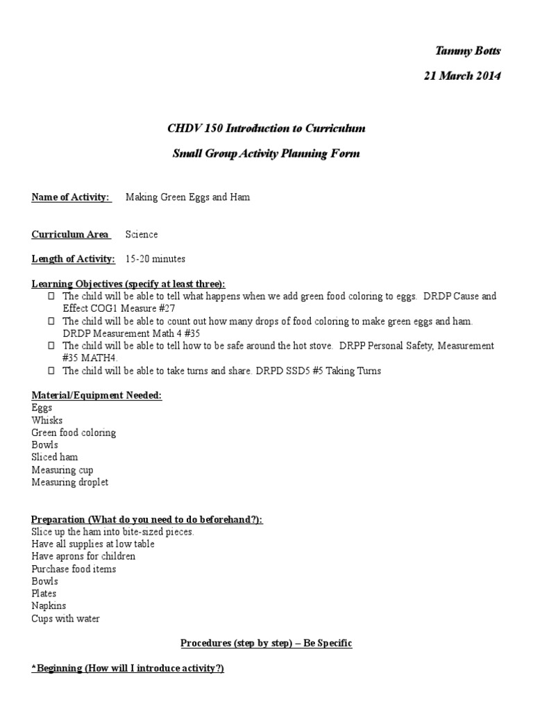 150 Activity Planning Form Science | PDF | Foods | Further Education