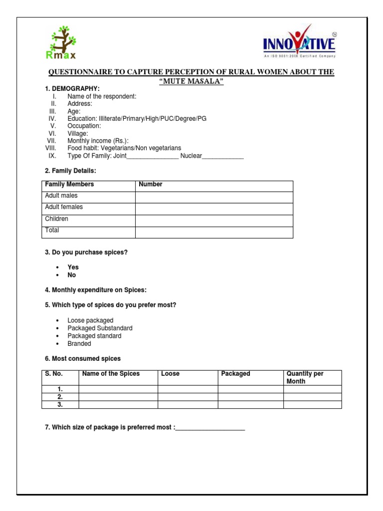 Questionnaire For Consumer Perception About The Mute Spices PDF