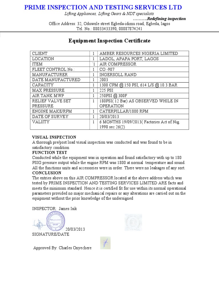 Amber Equipment Inspection Cert Compressor 20 03 2013 | PDF ...