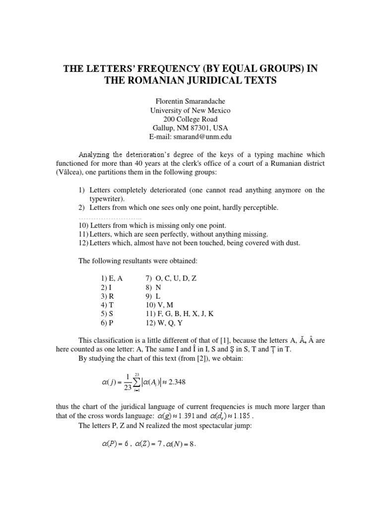 The Letters Frequency By Equal Groups In The Romanian Juridical Texts Areas Of Computer Science Cognitive Science