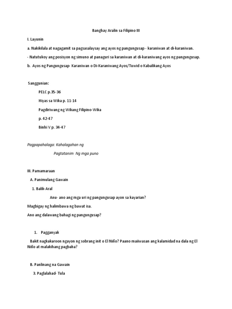 Lesson Plan Tungkol Sa Bahagi Ng Pangungusap