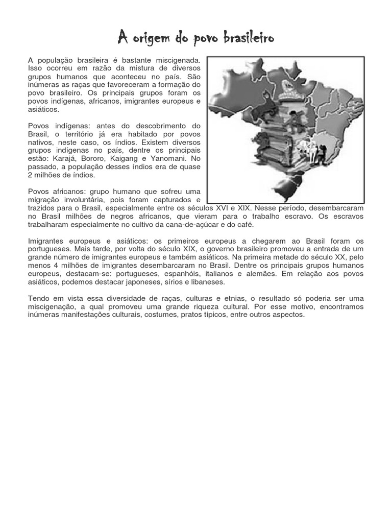 Origem do povo brasileiro: miscigenação de índios, africanos, europeus ...