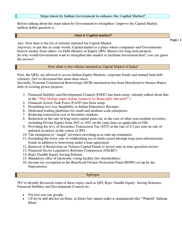 Steps Taken by Indian Government To Enhance The Capital Market | PDF ...