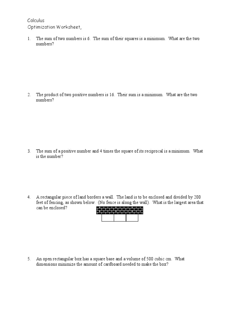 Calculus Optimization Problems Worksheet | PDF