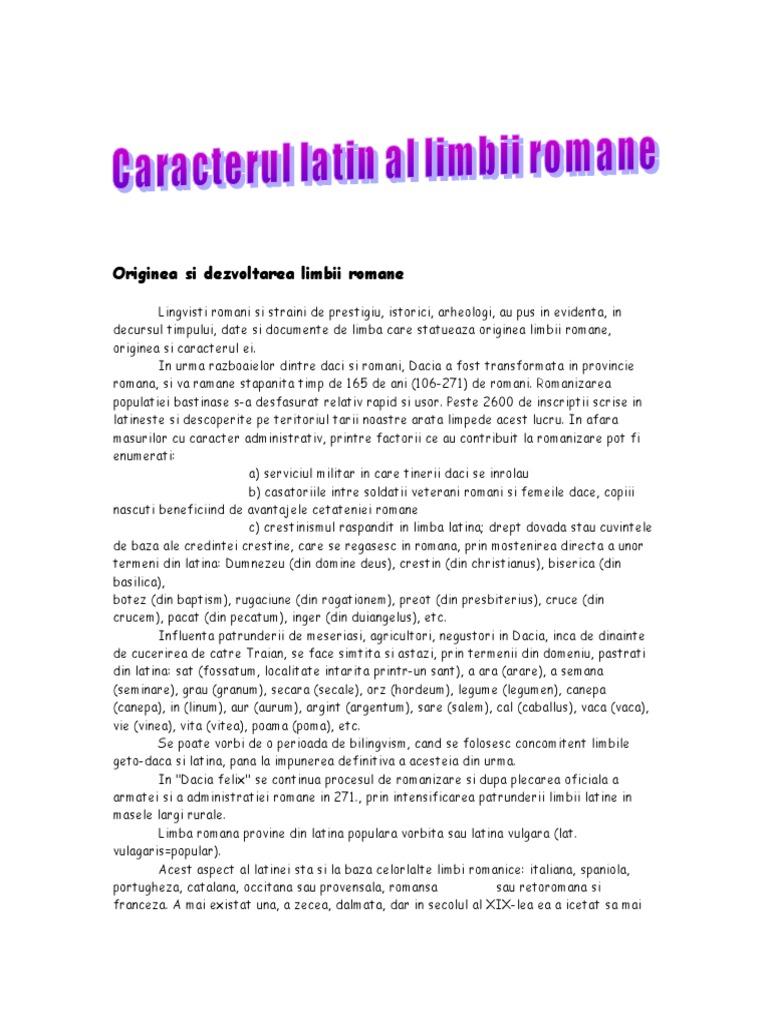 Caracterul Latin Al Limbei Romane